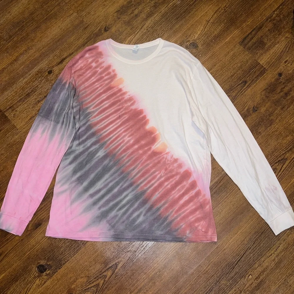 White, Pink & Black Split Tie-Dye Long Sleeve Upcycled Crewneck Shirt Size XL - Picture 1 of 10